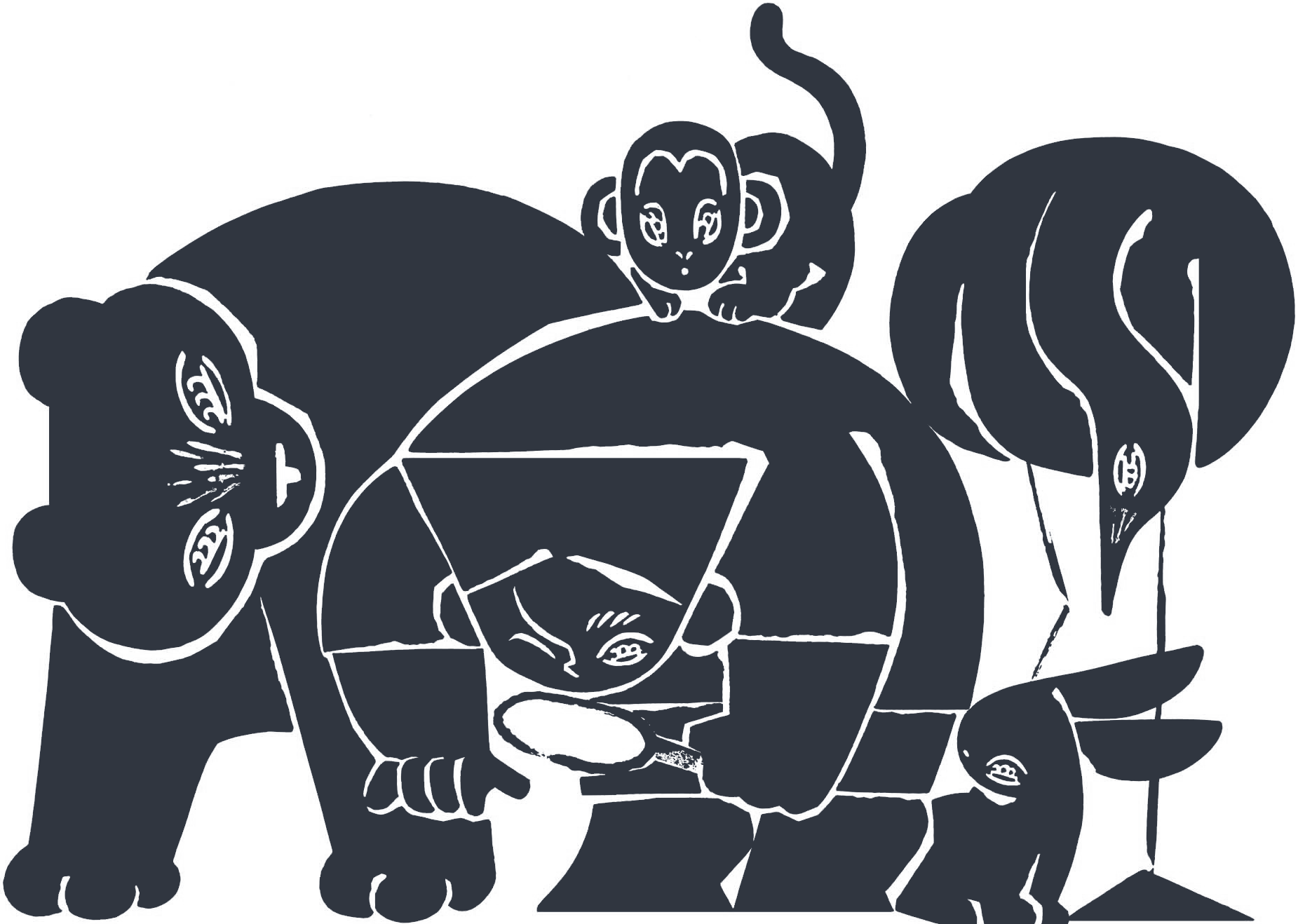 ルーペで何かを探す男の子と動物たちのイラスト